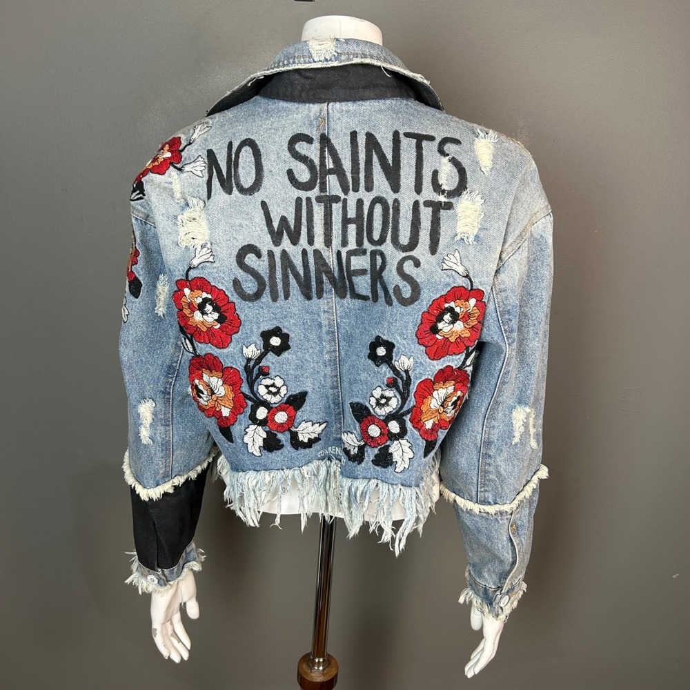 Wren + Glory Denim Jacket S M No Saints Without Sinners Distressed Embroidered
